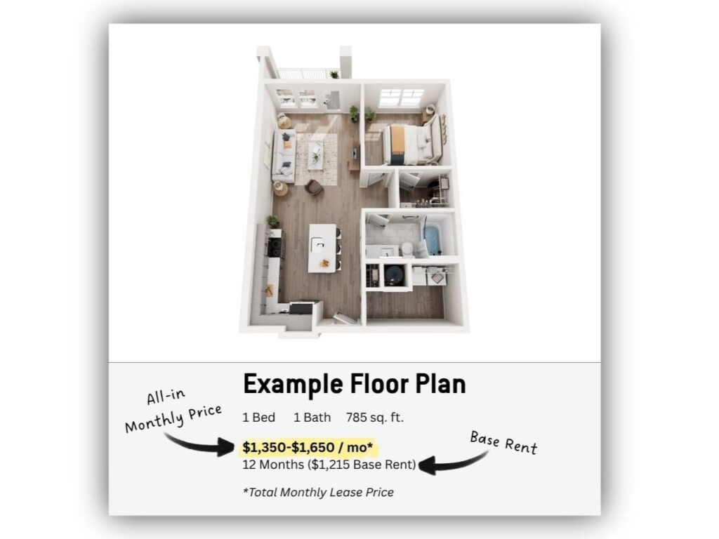 3D floor plan of a 1-bedroom, 1-bath apartment, 785 sq. ft., with labeled rent prices: $1,350–$1,650/month total, $1,215 base rent for a 12-month lease. For those seeking more space, explore our selection of 3 Bedroom Apartments Jacksonville FL available in the same community.